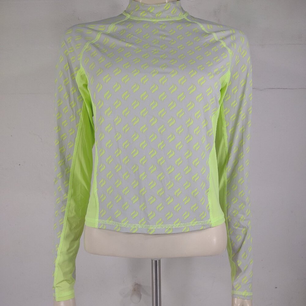 NWT Fabletics neon green gray logo print long sleeve athletic shirt ladies Large